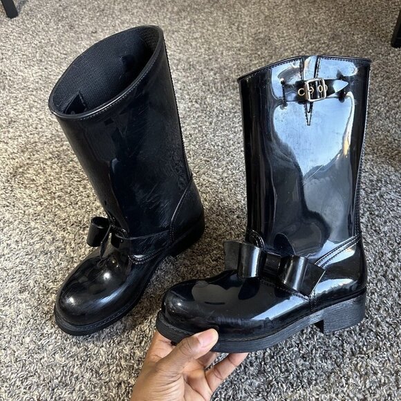 RED VALENTINO BLACK BOW MID-CALF RUBBER RAIN BOOTS SIZE 36 US 6 - Picture 4 of 10
